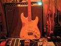 Playing some psychedelic blues on a custom Stratocaster (with Lindy Fralin pickups) through a Germanium Oxfuzz (Fuzzface clone), MJM Sixties Vibe (Univibe clone), MJM Phantom OD (Tubescreamer Clone) Boss FV500L and Eventide Timefactor into a 1968 Silverface Fender Super Reverb into a built-in Macbook Mic you get the idea, just noodlin' -NMB