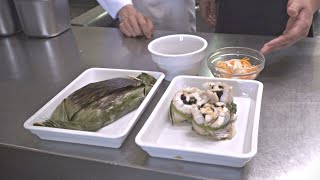 Fischröllchen mit Garnelen und Noriblatt und gegrilltem Reis (Nasi Bakar) Fischröllchen mit Garnelen und Noriblatt und gegrilltem Reis (Nasi Bakar)