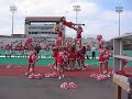 Cornell University Cheerleaders do a twist up Sweedish Fall pyrmid at a football game.