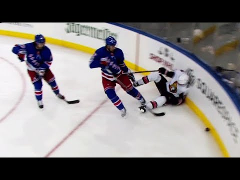 Video: Borowiecki needs help getting up after Smith sends him into the boards