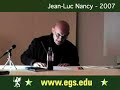 http://www.egs.edu/ philosopher jean-luc nancy reading faust by johann wolfgang von goethe, a compressed philosophical abstract for one actor, discussing theory, theology, philosophy, knowledge and wisdom in an art installation for italian artist claudio parmiggiani, island of silence, l'isola del silenzio. jean-luc nancy at a public open lecture for the students of the european graduate school egs, media and communication studies department program, saas-fee, switzerland, europe, 2007. jean luc nancy.
jean-luc nancy, born 26 july 1940, is a french philosopher. his first introduction to philosophy was in his youth in the catholic environment of bergerac.

jean-luc nancy graduated in philosophy in 1962 in paris. he taught for a short while in colmar, and then in 1968 he took on a position as an assistant at the institut de philosophie in strasbourg. in 1973 he received his doctorate with a dissertation on kant under the supervision of paul ric?ur. he was then promoted to ma�tre de conf�rences at the universit� des sciences humaines de strasbourg. in the 1970s and 1980s he was guest professor at universities all over the world, from the university of california to the freie universit�t in berlin. his international reputation has grown, and he has been invited as a cultural delegate of the french ministry of external affairs to speak in eastern europe, britain and the united states. in 1987 nancy received his docteur d'�tat from the universit� de toulouse-le-mirail, under the supervision of g�rard granel and with a jury including jean-fran�ois lyotard and jacques derrida. it was published as l'exp�rience de la libert� (1988).

in the last part of the 1980s and early 1990s nancy had to take a break from his active career because of illness. he underwent a heart transplant, and his recovery was made more difficult by a long-term fight with cancer. he stopped teaching and quit participation in almost all of the committees with which he was engaged; however he never stopped writing. many of his best known texts were published during this time. a moving account of his experience entitled l'intrus (the intruder) was published in 2000. today he remains an active philosopher, speaking around the world at many philosophical congresses and writing ceaselessly. he is professor of philosophy at the university of strasbourg . filmmaker claire denis has made at least two movies inspired by jean-luc nancy and his works. many other artists have worked with nancy as well, for example the artist soun-gui kim. nancy has written about the filmmaker abbas kiarostami and also appeared prominently in the film the ister.

he is the author of le discours de la syncope (1976) and l'imp�ratif cat�gorique (1983) on kant, la remarque sp�culative (translated as the speculative remark, 2001) on hegel, ego sum (1979) on descartes and le partage des voix (1982) on heidegger. other major influences include derrida, bataille, blanchot and nietzsche. his first book, published in 1973, was titled le titre de la lettre (the title of the letter), and was written in collaboration with philippe lacoue-labarthe. in this critical study of the work of jacques lacan, nancy's main critique of psychoanalysis is that lacan puts the metaphysical subject to task but does so in a manner couched in metaphysics. nancy has continued to critique psychoanalytic concepts since this book, believing ideas like the law, father, other and subject to be worth studying but warning against the theological remnants embedded in psychoanalytical language.