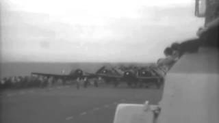 Typhoon Connie damage carrier USS Bennington (0:00-1:38) and aircraft launching over the stern from typhoon damaged USS Hornet (Essex-class; 1:38-3:17), 6 Jun 1945.