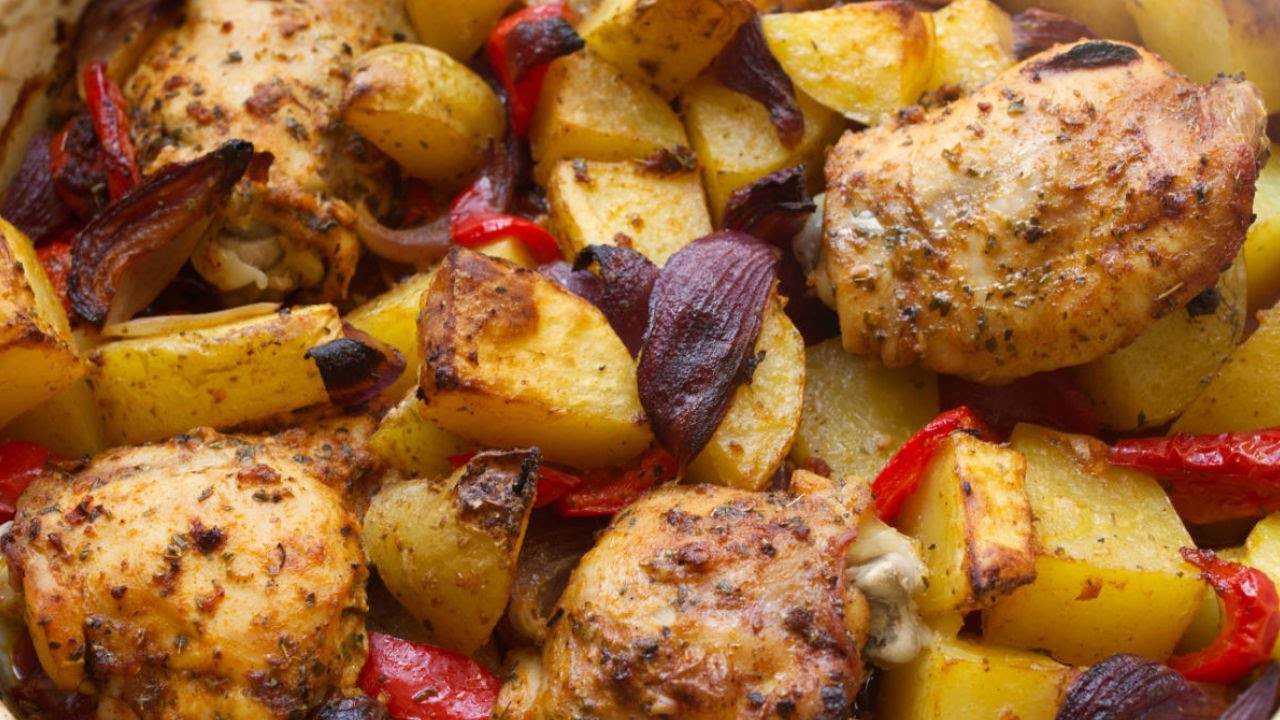 Easy Spanish-Style Baked Chicken Thighs with Potatoes (Healthy, One-Pot