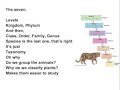 Animal Classification Song. Here is a video I created for my 6th grade science students﻿ to help them study.I hope you enjoy. His name was Linnaeus Observing life to base his system Binomial Nomenclature This is how all life was classified Six Kingdoms Archaebacteria Eubacteria Protests, fungi The Plants and Animals Grouped how they make food and on cell type And the number of cells inside Chorus The seven, Levels Kingdom, Phylum And then, Class, Order, Family, Genus Species is the last one, that's right It's just Taxonomy Oh why Do we group the animals? Why do we classify plants? Makes them easier to study Ancient Bacteria Live in environments that are extreme But Eubacteria Will live everywhere else And the Protist group is wide Some are Autotrophs And Heterotrophs Fungi, they are Eukaryotes They feed on dead, decaying you The seven, Levels Kingdom, Phylum And then, Class, Order, Family, Genus Species is the last one, that's right It's just Taxonomy Oh why Do we group the animals? Why do we classify plants? Makes them easier to study Without Plants, The world is quiet Flowers, Trees And Mosses have it Animals find and eat their food And Sexually Reproduce They move from place to place They move from place to place Classify again, Classify again, Classify again, The seven, Levels Kingdom, Phylum And then, Class, Order, Family, Genus Species is the last one, that's right It's just Taxonomy Oh why Do we group the animals? Why do we classify plants? Makes them easier Makes <b>...</b>