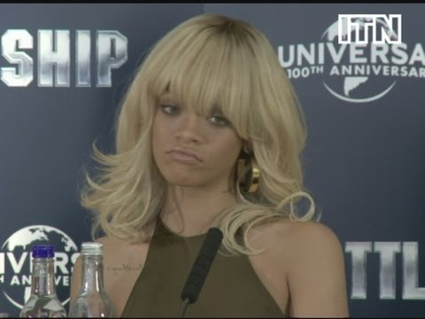 Rihanna answers Ashton Kutcher relationship question at Battleship press conference, London Video