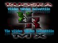ESTA ES LA PRIMERA CANCION QUE ESKUCHÉ DEL GRUPO RUOSKA

ESTA BIEN HECHA LA CANCION
LOS COROS SENSACIONALES
LA VOZ DEL VOCALISTA
LAS GUITARRAS Y LOS BAJOS CON TODO SU PODER
QUE DECIR DEL BATERISTA EXCELLENTE
ESPERO QUE LES GUSTE EL VIDEO
LES DEJO LA LETRA DE LA CANCION

VIIDEN TÄHDEN HELVETTI

Alttarilla kultakahlein
Vain suudella saa
Ei vielä purra
Raivotaudin ensi oireet
Voi nähdä silmistään
Matkamme määränpään
Viimeistä yötä viettämään

Viiden tähden helvettiin
Viiden tähden helvettiin
Viiden tähden helvettiin

Jotain mustaa, jotain mädännyttä
Häähuntu varastettu
Kalmiston käärinliina
Kuolemantauti tanssiin houkuttelee häpyluullaan
Huoneisiin toisiin huoneestamme nauru pedon kuullaan

Viiden tähden helvettiin
Kynttilät leiskuu täällä
Ruusunvarret vuoteen päällä
Vie painajaisiin kosteisiin
Pirunhäntä viitan alla
Rakkauden jumalalla
Tie viiden tähden helvettiin
Sinut päästä varpaisiin

Tahdon
Tahdon
Tahdon
Tahdon

Karvaasta kalkista puolet
Tahdotko ottaa ja kuolet
Karvaasta kalkista puolet
Tahdotko ottaa ja kuolet

Kynttilät leiskuu täällä
Ruusunvarret vuoteen päällä
Vie painajaisiin kosteisiin
Pirunhäntä viitan alla
Rakkauden jumalalla
Tie viiden tähden helvettiin

Kynttilät leiskuu täällä
Ruusunvarret vuoteen päällä
Vie painajaisiin kosteisiin
Pirunhäntä viitan alla
Rakkauden jumalalla
Tie viiden tähden helvettiin

Viiden tähden helvettiin 

TAMBIEN LES DEJO LINK DE LA PAGINA DE RUOSKA INTERNATIONAL 

http://www.netikka.net/hags/

Y EL SITIO OFICIAL

http://www.ruoska.net/