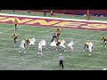 The final play between the Minnesota Golden Gophers and Miami of Ohio Redhawks. Driving to make the tying touchdown (and go-ahead PAT), the Redhawks --within 20 yards of victory with seconds left in the game-- are stopped as Gophers safety Kim Royston arrived to break-up the reception of wide receiver Chris Givens. Turnover on downs and game over. September 17, 2011 at TCF Stadium.