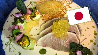 Hamachi “tataki” shiroi daku | avocado | apple-wasabi sorbet | pickled japanese veggies | char caviar