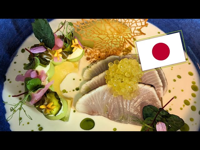 Hamachi “tataki” shiroi daku | avocado | apple-wasabi sorbet | pickled japanese veggies | char caviar
