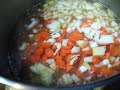 To make stock place chicken bones in a crock pot, fill with water and turn on low over night. If you don't have a crock pot use a stock pot and simmer all day. Strain out bones, set broth in the fridge to cool over night. The fat will rise to the top and form a hard white layer. Skim this off. Bring the stock back to a boil and add chopped carrots, potatoes, meat and any other veggies you like. Add salt, pepper, garlic and other seasonings to taste. Mix up dumpling recipe and drop on top of ...