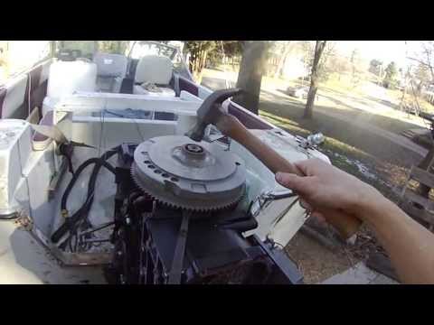 mercury 90hp (2 cycles, 3 cylinders) tear down part 2 – removing exhaust plate, flywheel