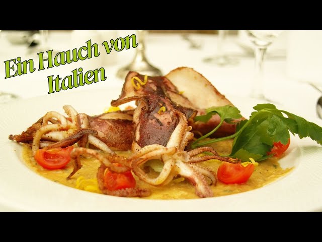 Gefüllter Tintenfisch mit Ricotta, Cremé Fraiche, Bärlauch auf Brotsauce