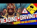 bus driver reading while driving in a snowstorm