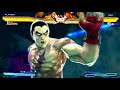 Ryu - Shinku Hadoken Ken - Shippu Jinraikyaku Chun-Li - Senretsukyaku Cammy - Spin Drive Smasher Zangief - Final Atomic Buster Rufus - Big Bang Typhoon Dhalsim - Yoga Inferno, Yoga Volcano Guile - Sonic Hurricane Abel - Breathless Sagat - Tiger Genocide Balrog - Crazy Buffalo Vega - Bloody High Claw M. Bison - Knee Press Nightmare Juri - Kaisen Dankairaku Rolento - Patriot Sweeper Ibuki - Yoroitoshi Poison - Love Storm Hugo - Gigas Breaker Akuma - Raging Demon, Misogi Kazuya - Devil Beam Nina - Double Explosion Jin - Devil Beam Heihachi - Raijin's Wrath Kuma - Fatal Wind Xiaoyu - Hakkesho Combo Yoshimitsu - Sword Poke Whirlwind Raven - Doppelganger Asuka - Kishin Enbu Lili - Wind Up Spear Hwoarang - Heel Explosion Combo Steve - Hellfire Rush Paul - Burning Fist Law - Junkyard Soul Julia - Iron Mountain Rush Bob - Giga Meteo King - Wonderful Mexican Special Combo, Wonderful Mexican Special Combo - Muscle Buster Marduk - Mount Rush Ogre - Hell Inferno