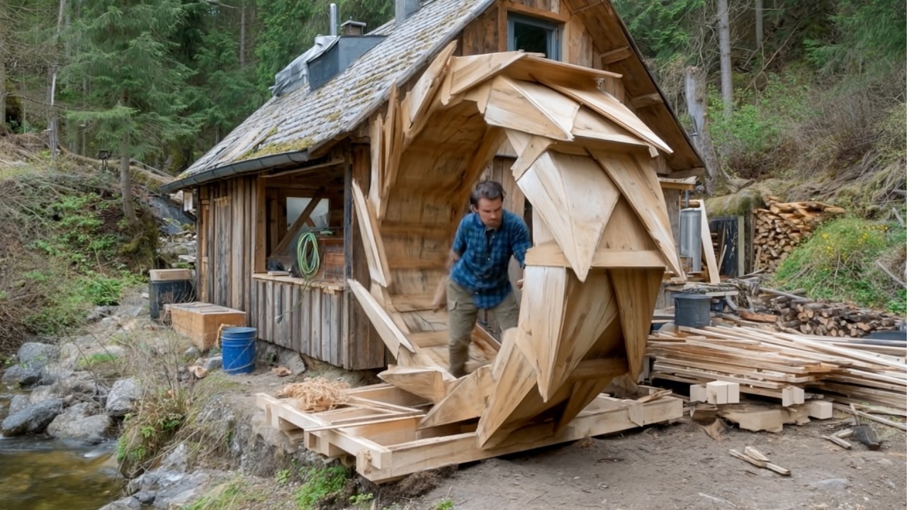 Man Builds WATERWHEEL That Powers His Entire Log Cabin | Start to Finish by @Advoko