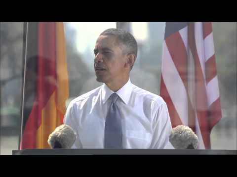 obama jobs - US President Barack Obama delivers a speech at the Brandenburg Gate in Berlin, in which he calls for countries to continue making history and search for a pe...