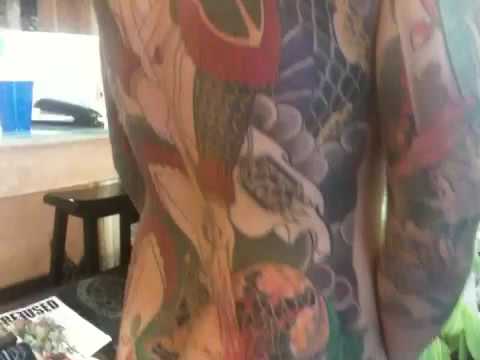 Samurai vs snake back piece by Paul Dhuey at guru tattoo in progress