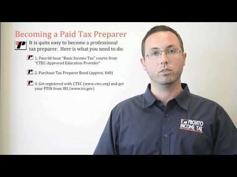 Tax Professional - http://ProntoTaxClass.com ...How Can I Become a Tax Preparer? In this video Andy Frye explains how to get legal to do taxes for pay. All tax preparers must g...