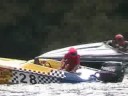 During the fourth round of the European Cup/Waterski Racing in Êguzon, the driver of boat #28 made a mistake, and the observer went swimming.