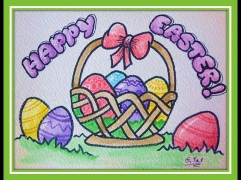How to draw Easter Stuff Eggs in Basket easy step by step or download pattern