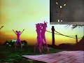 Pink virtual frogs follow user's dance