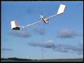 From skywindpower.comShort videos of the Flying Electric Generator (FEG) shown in the pictures on the home page of our web site. First, to view the video of the original flying electric generator choose among several files depending upon your internet connection speed and which video player your computer has. The video shows Roberts twin 15 foot diameter rotor test model flying electric generator in both side and front views of the machine flying in the power generation mode in which the wind spins the rotor blades. This mode followed a powered-via-the-tether mode (not shown) where the rotors were mostly parallel to the ground. Then a transition to the autorotation mode took place (also not shown) followed by a further transition to the electrical power generation mode in the nose up position maintained in the video.