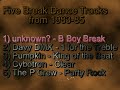 five break dance tracks from 1983-86
1) the incredible body mechanix 
   - b-boy your best 
2) davy dmx - 1 for the treble
3) pumpkin - king of the beat
4) cybotron - clear
5) the 