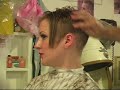 you'll find the complete video only at www.haircuttingfun.com Karissah receives several haircuts leading up to the Chelsea hairstyle. At the end, her face and head (not the bangs) are shaved smooth with a straight-edge razor.