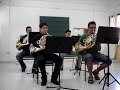ensayo en el aula de trompa del conservatorio Francisco Guerrero de sevilla, Juan Llavero, Miguel Carrasco, Carlos Suarez y el profe Alfonso
