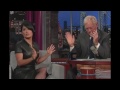 salma hayek in a black leather dress on david letterman september 10 2012.