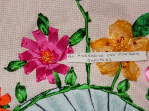Cómo hacer una flor margarita con puntada japonesa, bordado en listón.