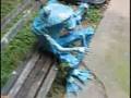 Elf sized fiddle frog sculpture, blue green patina