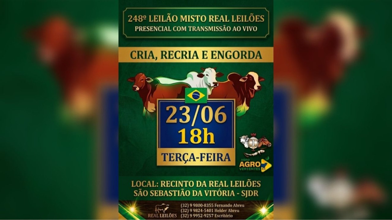 248º LEILÃO MISTO PRESENCIAL E VIRTUAL REAL LEILÕES - SÃO SEBASTIÃO DA VITÓRIA - SJDR/MG - 23/06/26
