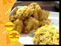 Ingredients: 4 pieces boneless chicken leg & thigh, cut into parts 2 tbsp. curry powder 1 tsp. turmeric powder 1 tsp. onion powder 1 tbsp. brown sugar 5 tbsp. Jufran Thai Fish Sauce 1/2 cup instant coconut milk 1/2 tsp. white pepper cornstarch for dredging Golden Fiesta Cooking Oil For the Mango Salad: 2 pieces green mango, shredded 3 tbsp. Cilantro (wansoy) leaves & stems, chopped 3 pieces shallots, sliced 2 tbsp. calamansi juice 3 tbsp. brown sugar 1/2 tsp. red bell pepper, finely chopped 4 tbsp. Jufran Thai Fish Sauce 1/4 piece sili labuyo, chopped Procedure: 1. Marinate chicken in curry powder, turmeric powder, onion powder, brown sugar, Jufran Thai Fish Sauce, coconut milk and white pepper for at least 6 hours. 2. Dredge in cornstarch and deep fry in Golden Fiesta Cooking Oil. 3. Meanwhile, make mango salad by mixing all ingredients together.