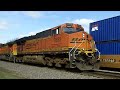 2 UP Gevo's and an SD70M lead a WB stack train on the Chillicothe sub. They meet a BNSF Gevo and Dash 9 pulling a stacker east with 2 DPU's. March 26th, 2011 in Galesburg, IL.