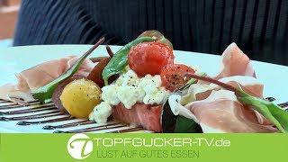 Gegrillte Wassermelone mit Frischkäse, zweierlei Tomate, Balsamico & Parmaschinken
