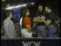 scott hall, kevin nash and six hand over car wreck tape of the steiner brothers on live nitro - 1997