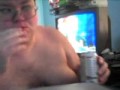 Fatman is drunk and inhales a bag of chips