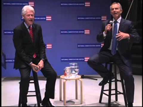 Tony Blair in conversation with President Bill Clinton at the NCC, Philadelphia