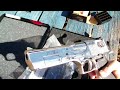 This is the Magnum Research Mark XIX Desert Eagle .50AE in the polished nickle finish... Look hard @ 3:16 and you can see the round coming out. The Desert Eagle is a large bore gas operated semi-automatic pistol witch is a real power house, In this video i had a death grip on the gun while firing.... if you were to fire this gun with a limp hand it would not be good for your face... The .50AE make's the .45ACP round seem like a baby....