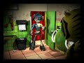 A intense wind is blowing in the restroom between two weird-costumed guys. (Made with Maya)