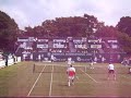 cedric pioline, peter mcnamara, barry cowan and the eccentric mansour bahrami play a little game of net volleys pleasing the warm liverpool crowd