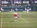 cedric pioline, peter mcnamara, barry cowan and the eccentric mansour bahrami play a little game of net volleys pleasing the warm liverpool crowd