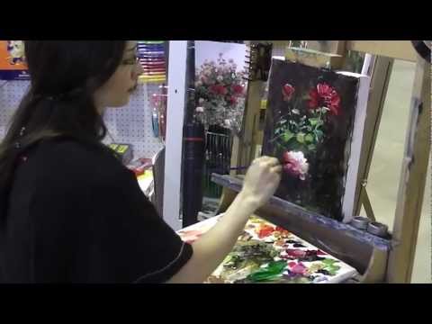 flower painting - Sally Mehdizadeh, artist and teacher paints an impressionistic floral sketch for visitors to Art Shed Brisbane.