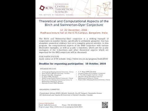 Introduction to elliptic curves and BSD Conjecture by Sujatha Ramadorai