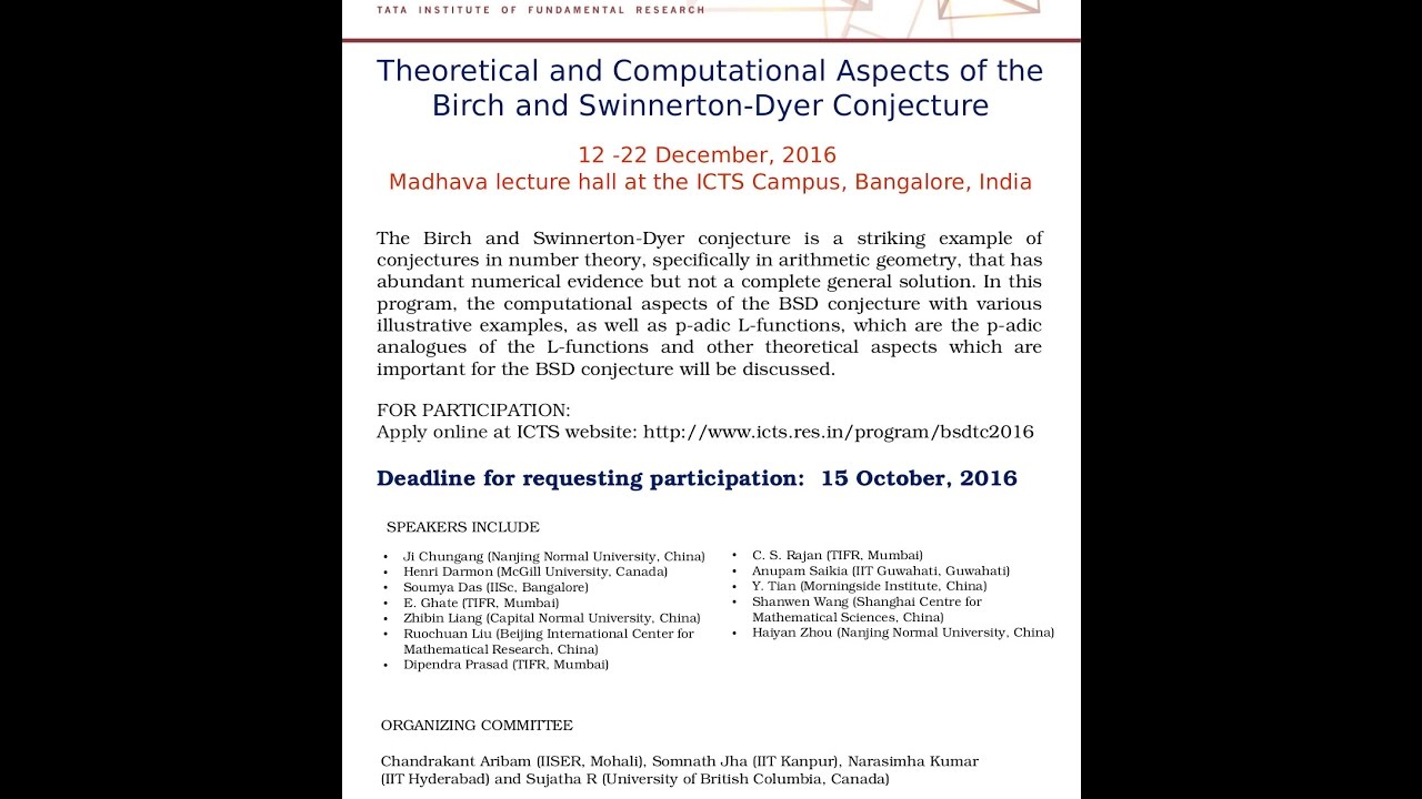Introduction to elliptic curves and BSD Conjecture by Sujatha Ramadorai