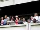 rebecca romijn waving to us at belmont stakes 2007