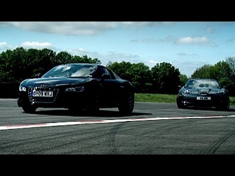 Corvette - Jeremy Clarkson reviews the Audi R8, with it's 5.2 litre Lamborghini V10, 518 break horse power and capable of 0-60mph in 3.6 seconds, it's a bit of a beast....