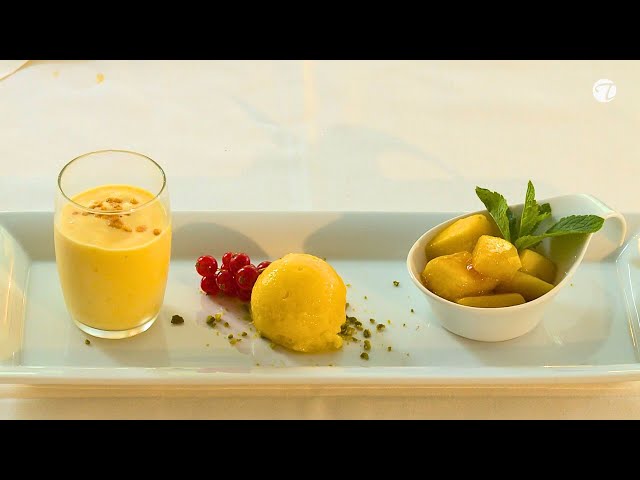 Dreierlei von der Mango | Mango Flambee | Mango - Ingwer - Kokos - Smoothie | Mango - Sorbet | Dessert