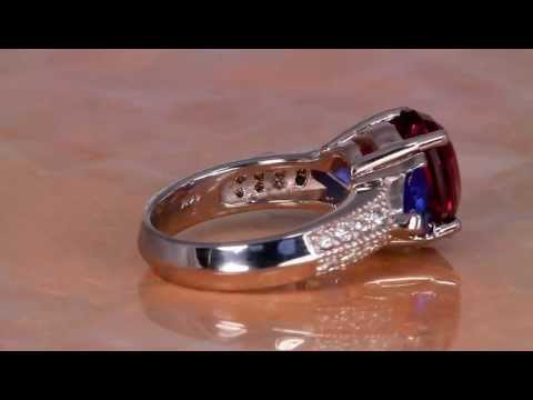 Gem quality Rhodolite Garnet Accented by Trilliant Tanzanites and Fine Diamond 
